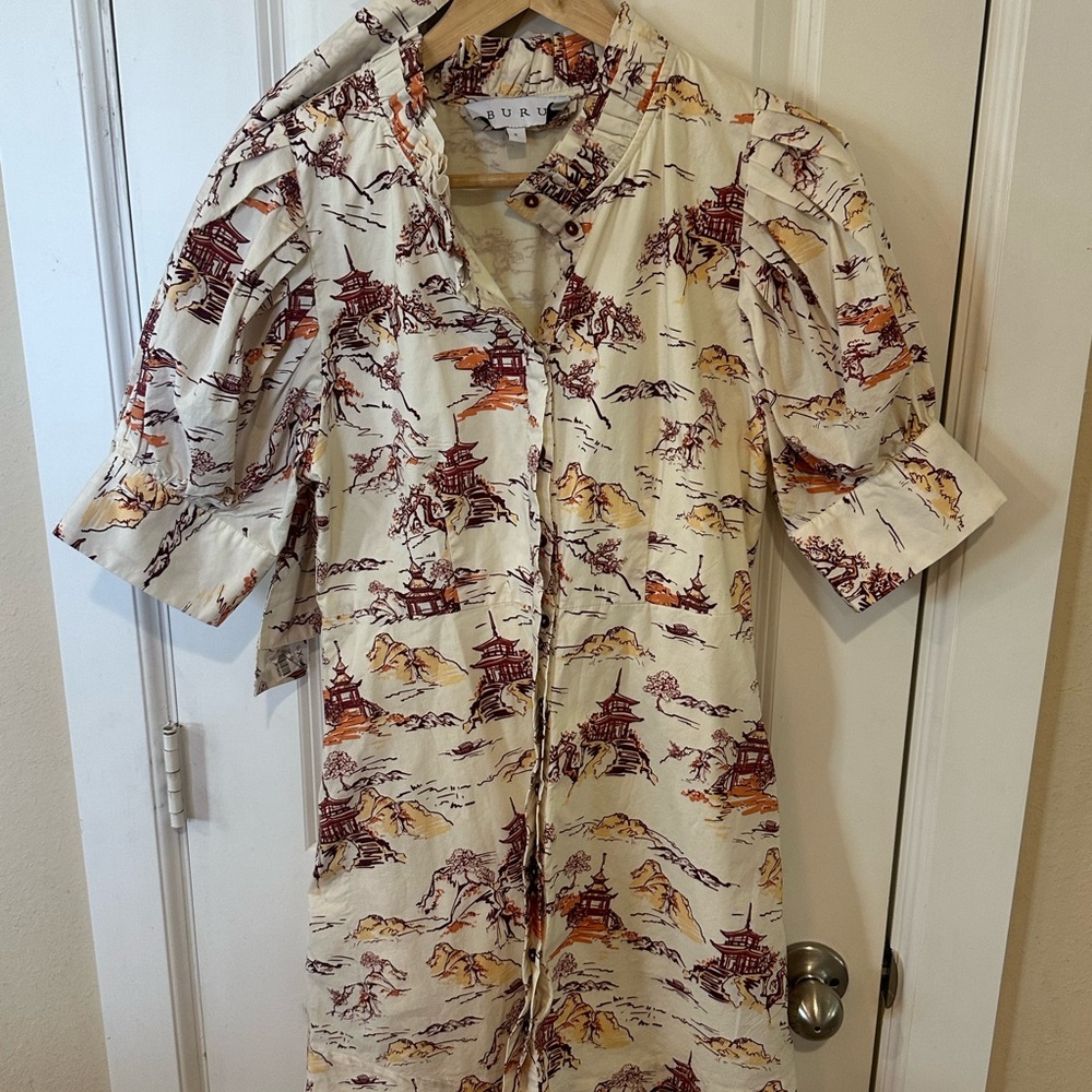 BURU Chinoiserie Tan, Orange, and Burgundy Dress